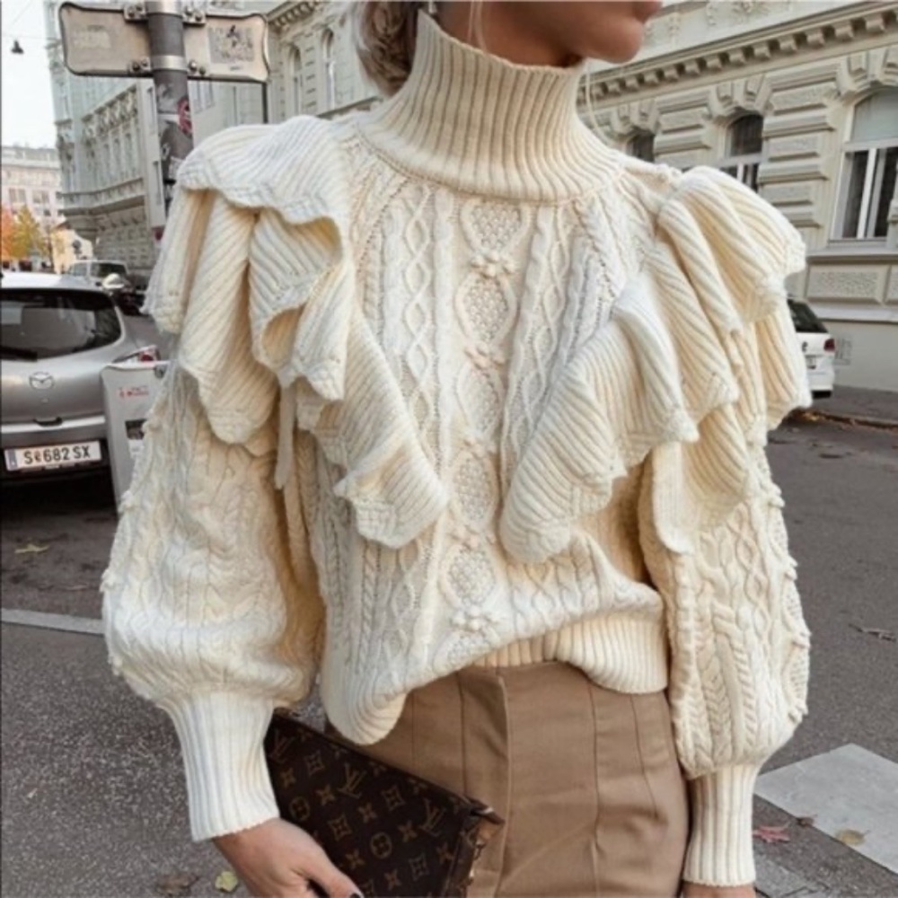 Zara Cream Cable Knit Ruffle Turtleneck Sweater